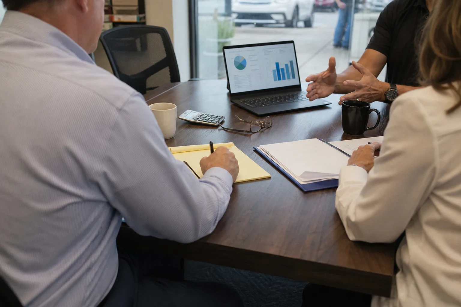 Agent in a striped button-down taking notes on a yellow legal pad at a conference table as a business owner gestures beside a laptop showing charts and a woman reviews papers